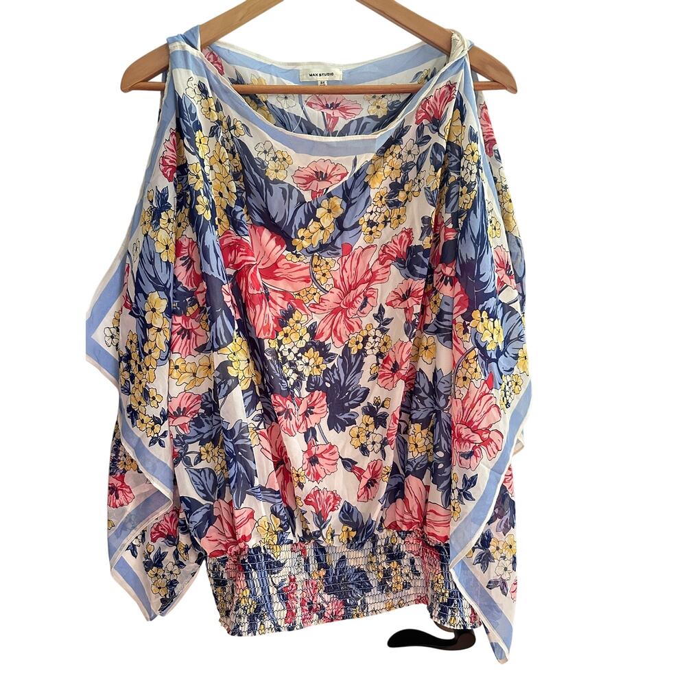 Max‎ Studios Womens 3X Floral Top w/ Open Slit Sleeves and Shirred Waistband